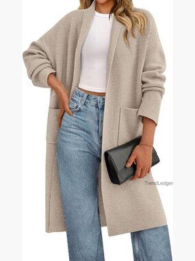 Oversized Long Sleeve Cardigan Sweater Open Front Lapel Collar Chunky Knit